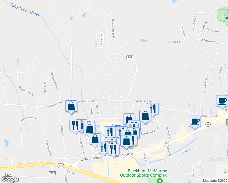 map of restaurants, bars, coffee shops, grocery stores, and more near 220 James Circle in Oxford