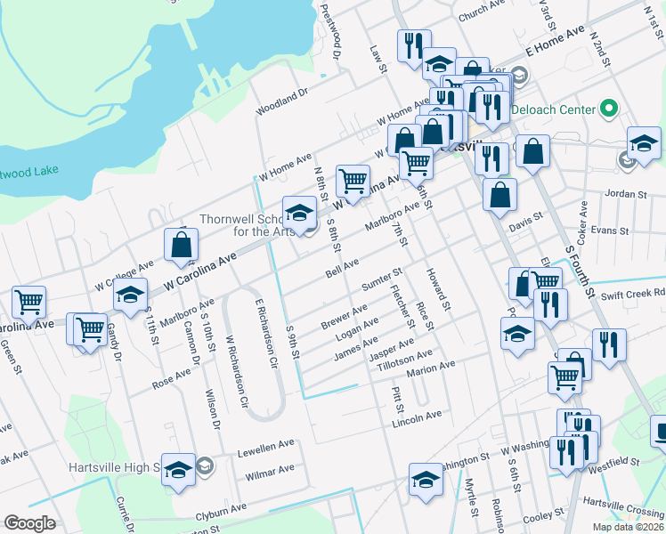 map of restaurants, bars, coffee shops, grocery stores, and more near 400 Bell Avenue in Hartsville