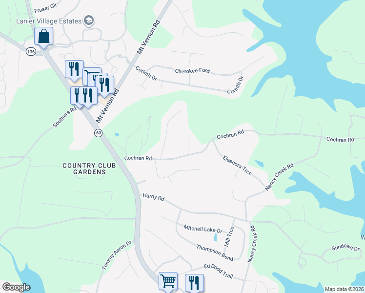 map of restaurants, bars, coffee shops, grocery stores, and more near 3637 Cochran Road in Gainesville