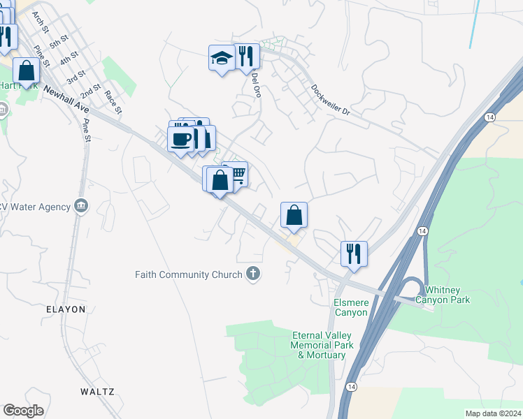map of restaurants, bars, coffee shops, grocery stores, and more near 23600 Newhall Avenue in Santa Clarita