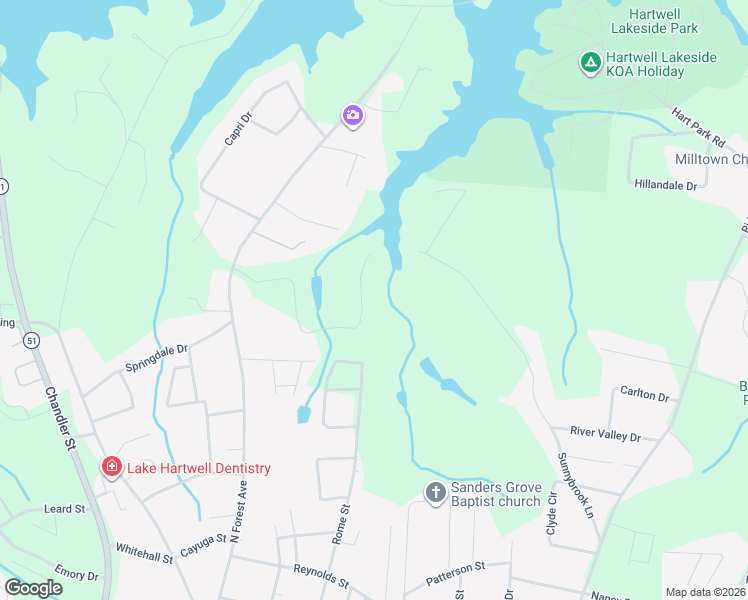 map of restaurants, bars, coffee shops, grocery stores, and more near 486 Winding Way in Hartwell