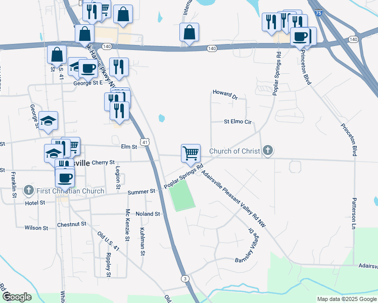 map of restaurants, bars, coffee shops, grocery stores, and more near 197 Martin Luther King Drive in Adairsville