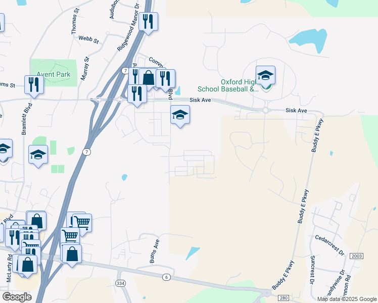 map of restaurants, bars, coffee shops, grocery stores, and more near 209 Commonwealth Boulevard in Oxford