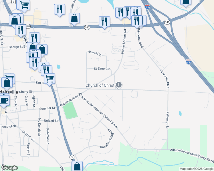 map of restaurants, bars, coffee shops, grocery stores, and more near 365 Martin Luther King Drive in Adairsville