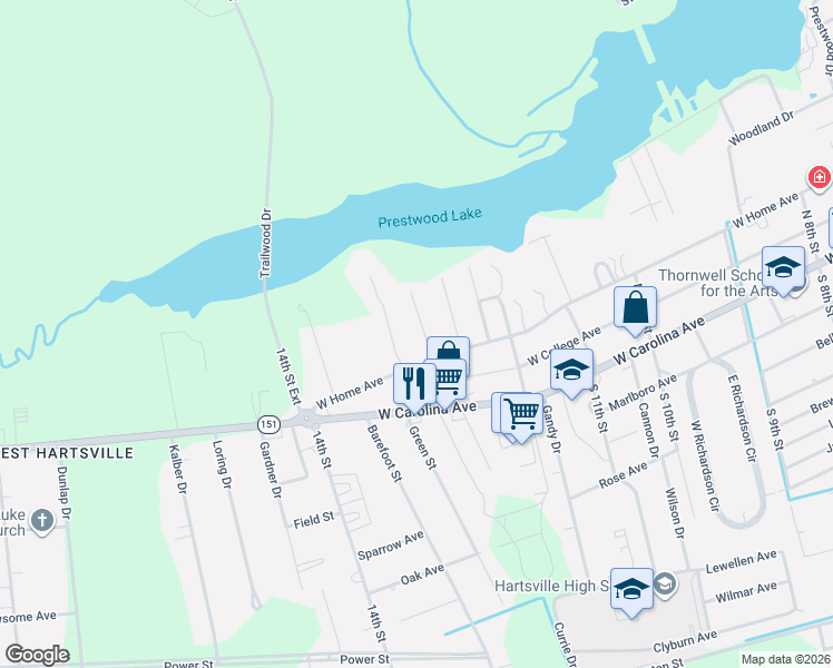 map of restaurants, bars, coffee shops, grocery stores, and more near 310 Kings Place Road in Hartsville