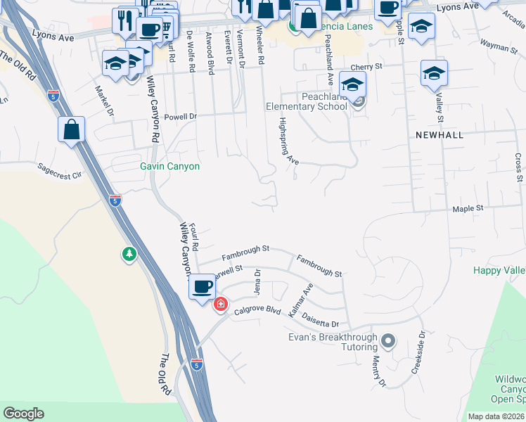 map of restaurants, bars, coffee shops, grocery stores, and more near 24805 Carlos Place in Santa Clarita
