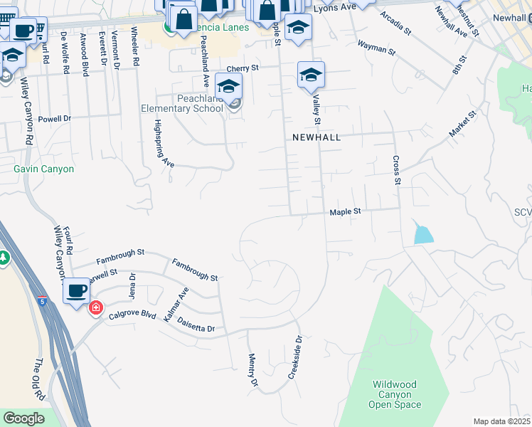 map of restaurants, bars, coffee shops, grocery stores, and more near 23540 Highland Glen Drive in Santa Clarita