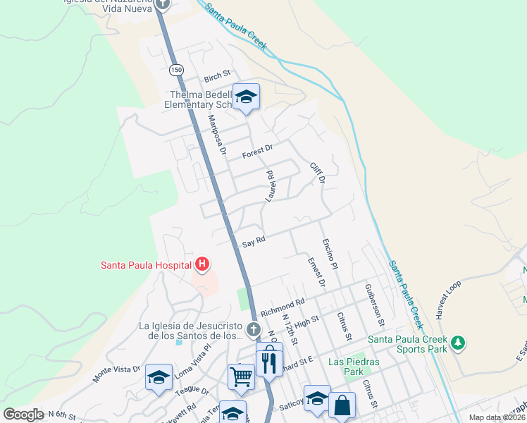 map of restaurants, bars, coffee shops, grocery stores, and more near 933 Laurel Road in Santa Paula