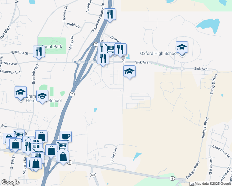 map of restaurants, bars, coffee shops, grocery stores, and more near 110 Ed Perry Boulevard in Oxford