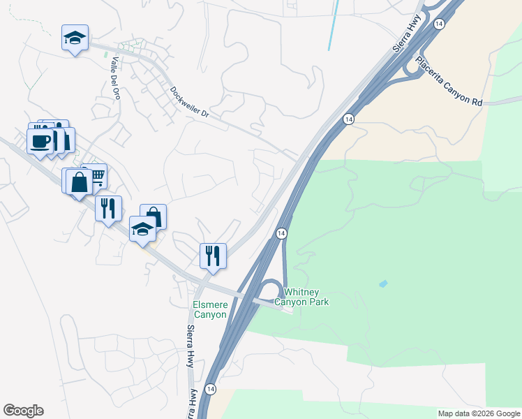 map of restaurants, bars, coffee shops, grocery stores, and more near 23708 Wilcox Drive in Santa Clarita