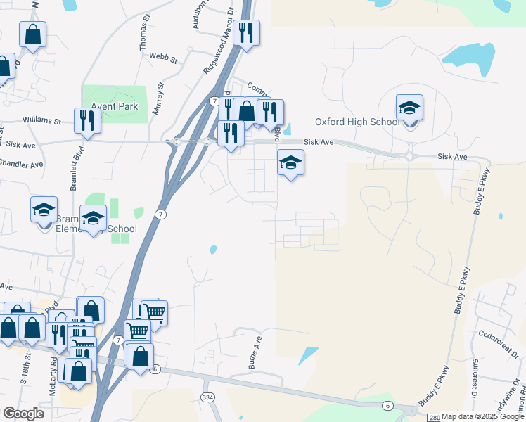 map of restaurants, bars, coffee shops, grocery stores, and more near 110 Ed Perry Boulevard in Oxford