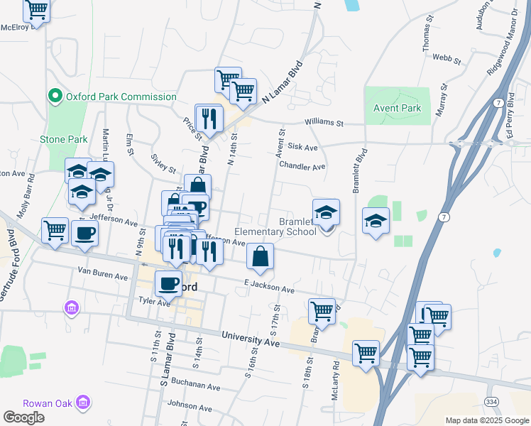 map of restaurants, bars, coffee shops, grocery stores, and more near 123 North 16th Street in Oxford