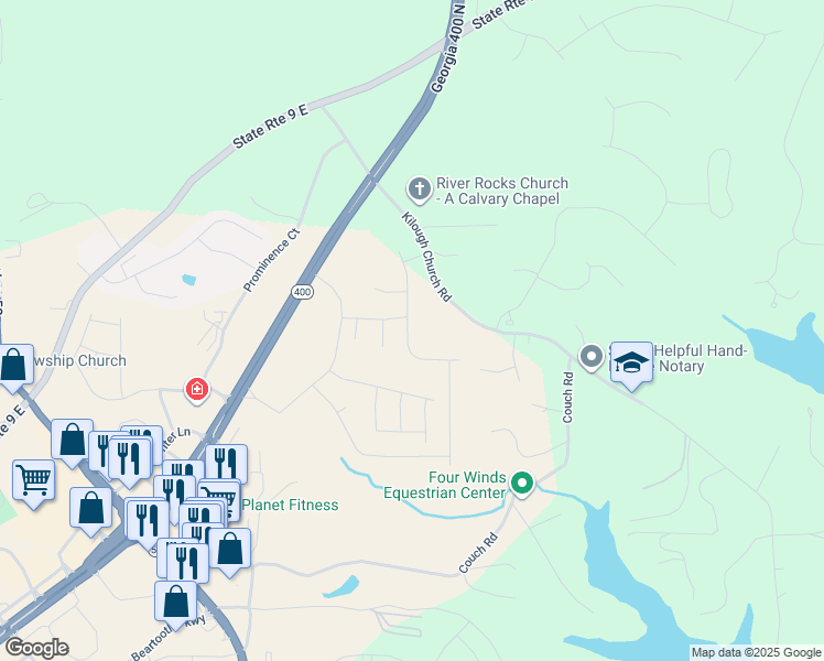 map of restaurants, bars, coffee shops, grocery stores, and more near 524 Kilough Church Road in Dawsonville