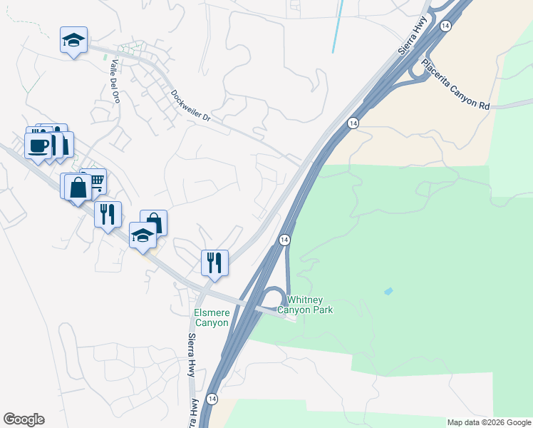 map of restaurants, bars, coffee shops, grocery stores, and more near 23712 Wilcox Drive in Santa Clarita