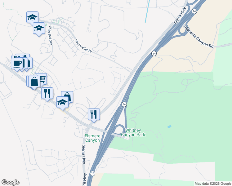 map of restaurants, bars, coffee shops, grocery stores, and more near 23712 Wilcox Drive in Santa Clarita