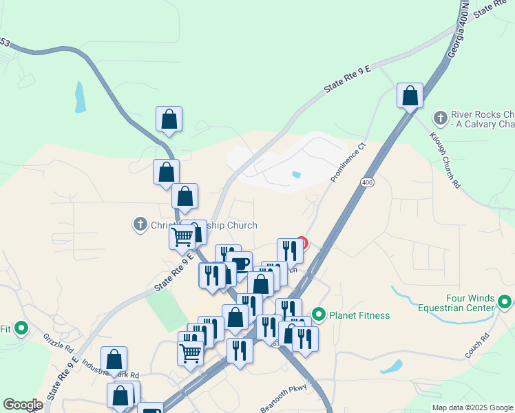 map of restaurants, bars, coffee shops, grocery stores, and more near 143 Founders Drive in Dawsonville