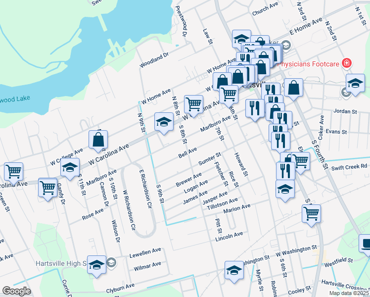 map of restaurants, bars, coffee shops, grocery stores, and more near 400 Bell Avenue in Hartsville