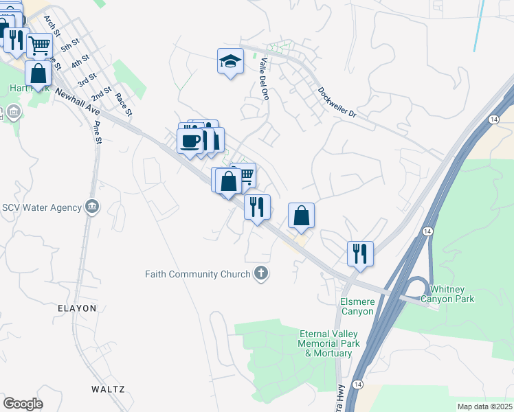 map of restaurants, bars, coffee shops, grocery stores, and more near 23600 Newhall Avenue in Santa Clarita