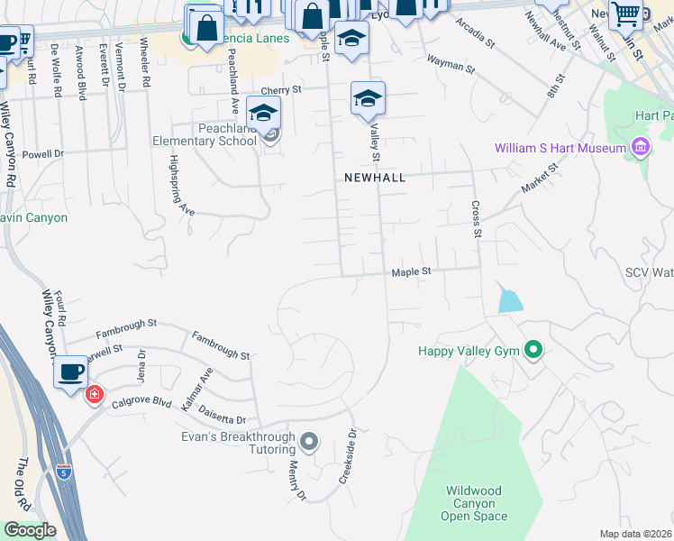 map of restaurants, bars, coffee shops, grocery stores, and more near 23502 Highland Glen Drive in Santa Clarita