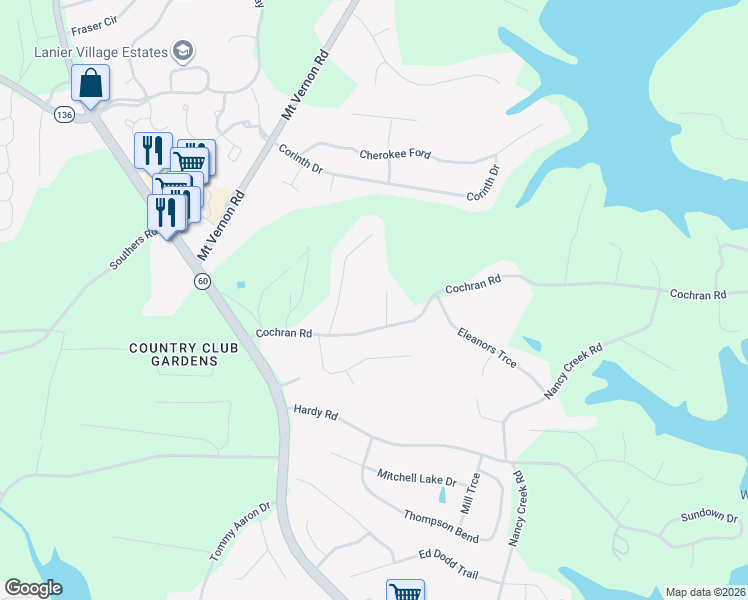 map of restaurants, bars, coffee shops, grocery stores, and more near 3637 Cochran Road in Gainesville