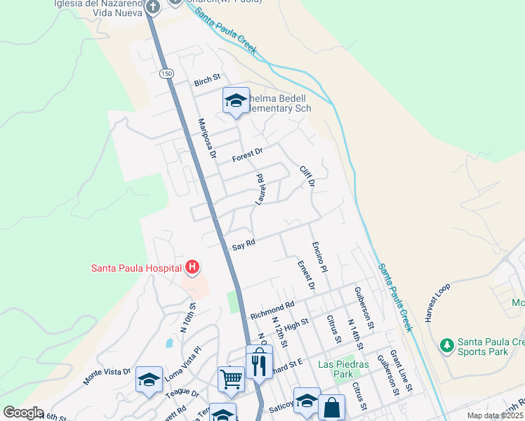 map of restaurants, bars, coffee shops, grocery stores, and more near 1234 Woodland Drive in Santa Paula