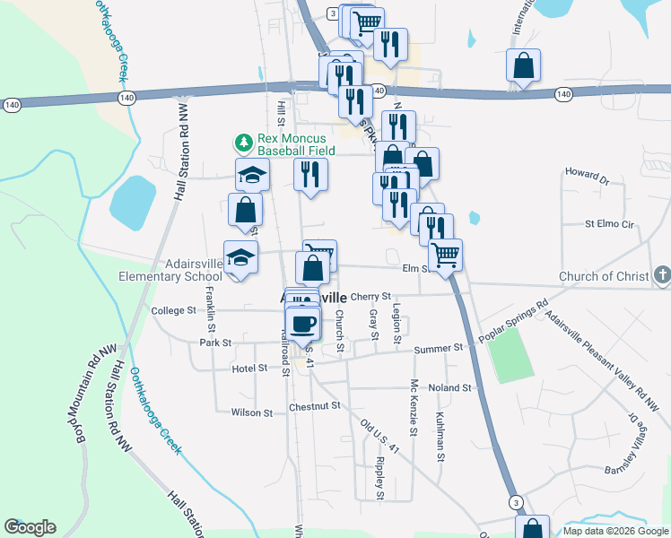 map of restaurants, bars, coffee shops, grocery stores, and more near 117 Church Street in Adairsville