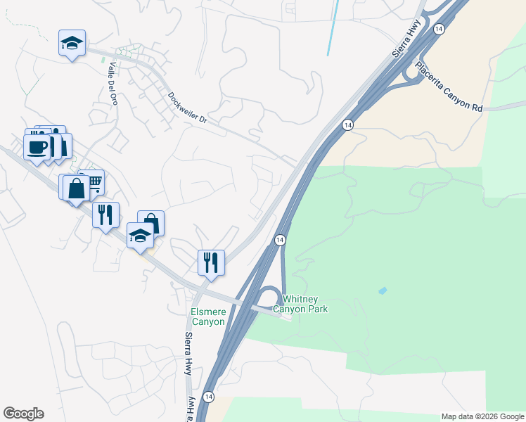map of restaurants, bars, coffee shops, grocery stores, and more near 23716 Wilcox Drive in Santa Clarita