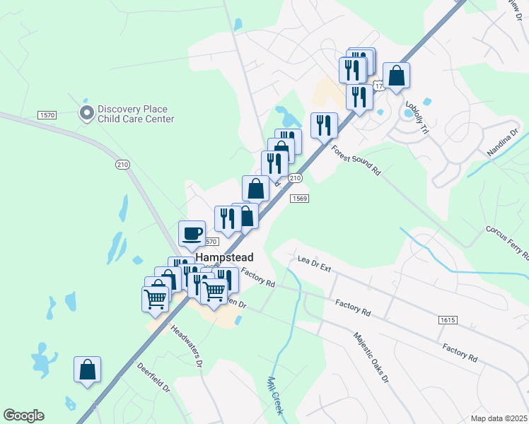 map of restaurants, bars, coffee shops, grocery stores, and more near North Carolina 210 in Hampstead