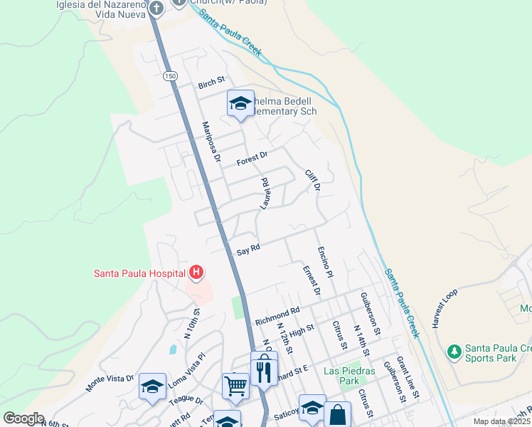 map of restaurants, bars, coffee shops, grocery stores, and more near 1234 Woodland Drive in Santa Paula
