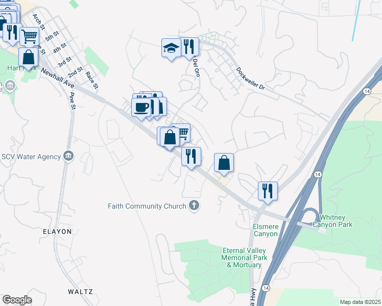 map of restaurants, bars, coffee shops, grocery stores, and more near 20971 Judah Lane in Santa Clarita