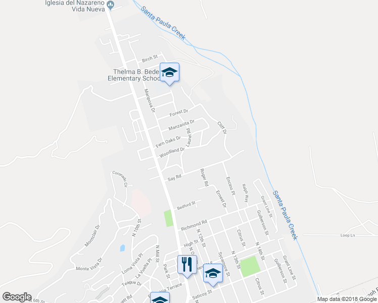 map of restaurants, bars, coffee shops, grocery stores, and more near 1234 Woodland Drive in Santa Paula