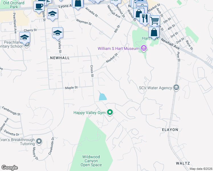 map of restaurants, bars, coffee shops, grocery stores, and more near 24280 Logdell Avenue in Santa Clarita