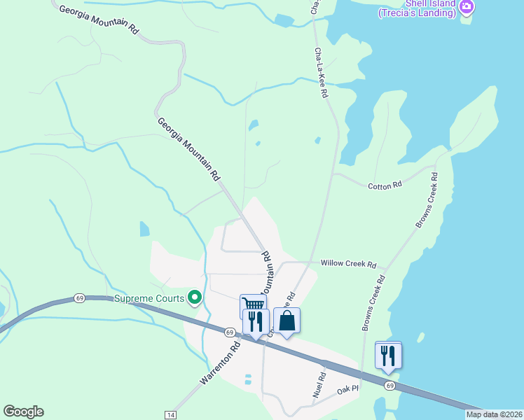 map of restaurants, bars, coffee shops, grocery stores, and more near 423 Georgia Mountain Road in Guntersville