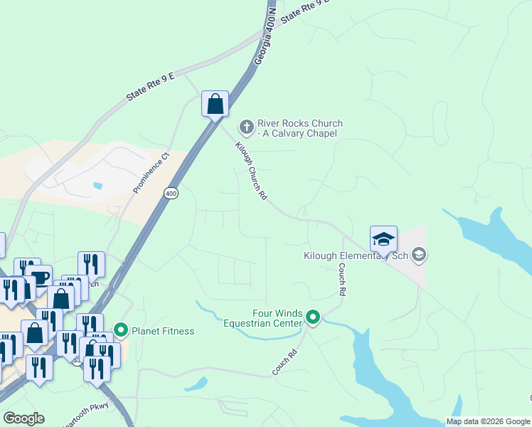 map of restaurants, bars, coffee shops, grocery stores, and more near 580 Kilough Church Road in Dawsonville