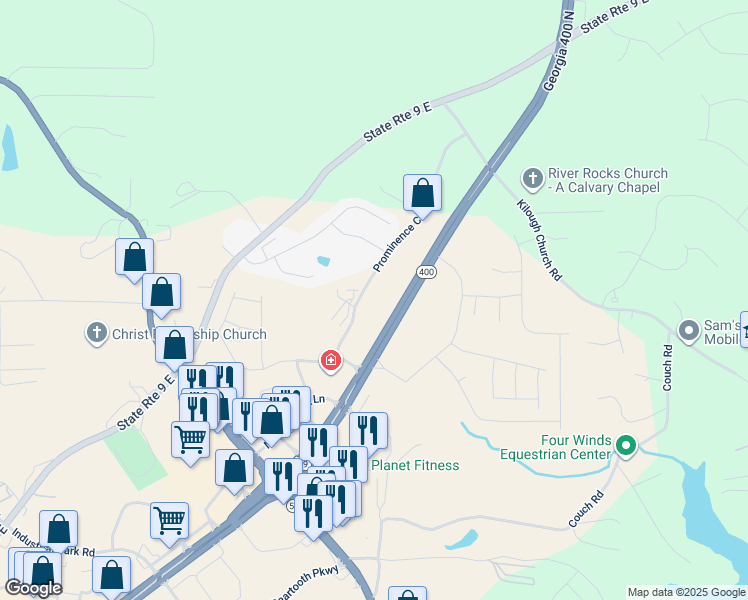 map of restaurants, bars, coffee shops, grocery stores, and more near 212 Prominence Court in Dawsonville