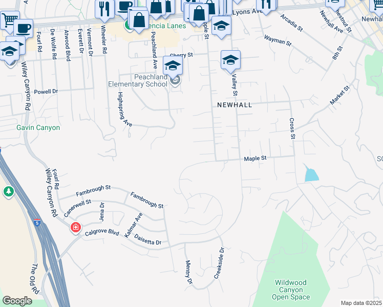 map of restaurants, bars, coffee shops, grocery stores, and more near 23540 Highland Glen Drive in Santa Clarita