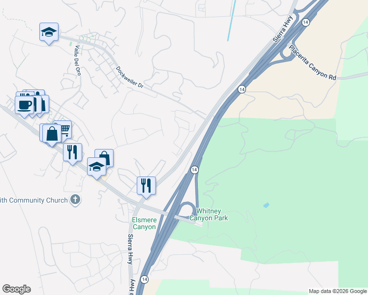 map of restaurants, bars, coffee shops, grocery stores, and more near 23720 Wilcox Drive in Santa Clarita