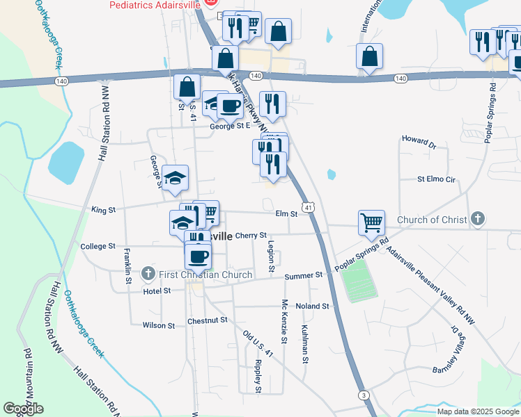 map of restaurants, bars, coffee shops, grocery stores, and more near 112 Elm Street in Adairsville