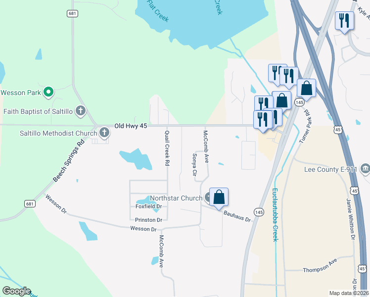 map of restaurants, bars, coffee shops, grocery stores, and more near 127 Sonya Circle in Saltillo