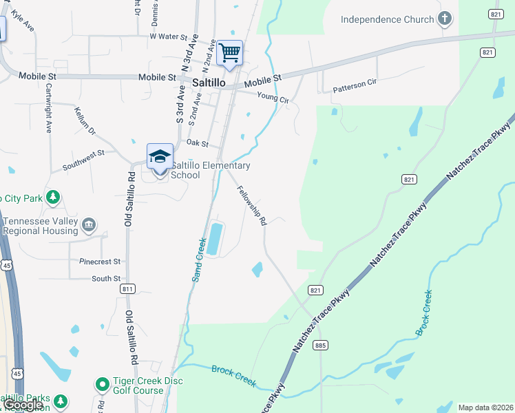 map of restaurants, bars, coffee shops, grocery stores, and more near Fellowship Rd in Saltillo