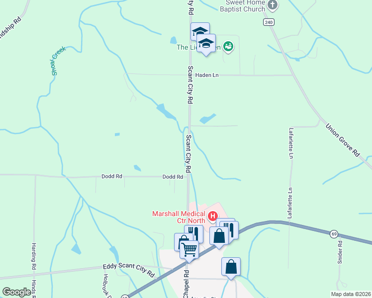 map of restaurants, bars, coffee shops, grocery stores, and more near 477 Scant City Road in Guntersville