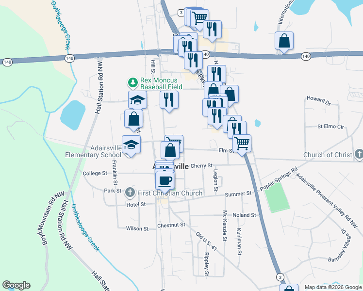 map of restaurants, bars, coffee shops, grocery stores, and more near 117 Church Street in Adairsville