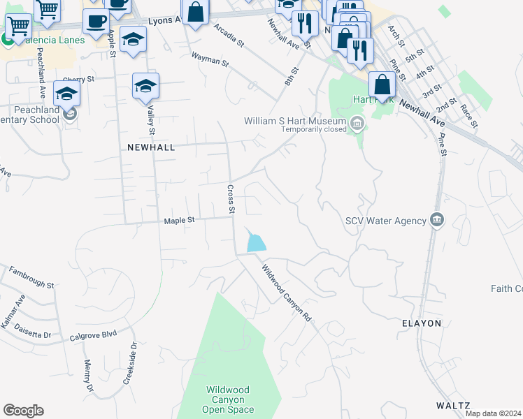 map of restaurants, bars, coffee shops, grocery stores, and more near 23102 Middlebank Drive in Santa Clarita