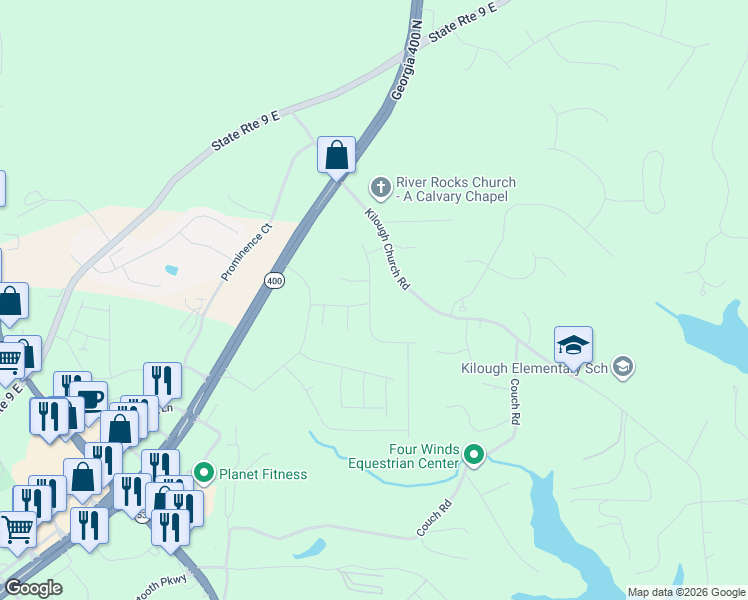 map of restaurants, bars, coffee shops, grocery stores, and more near 524 Kilough Church Road in Dawsonville