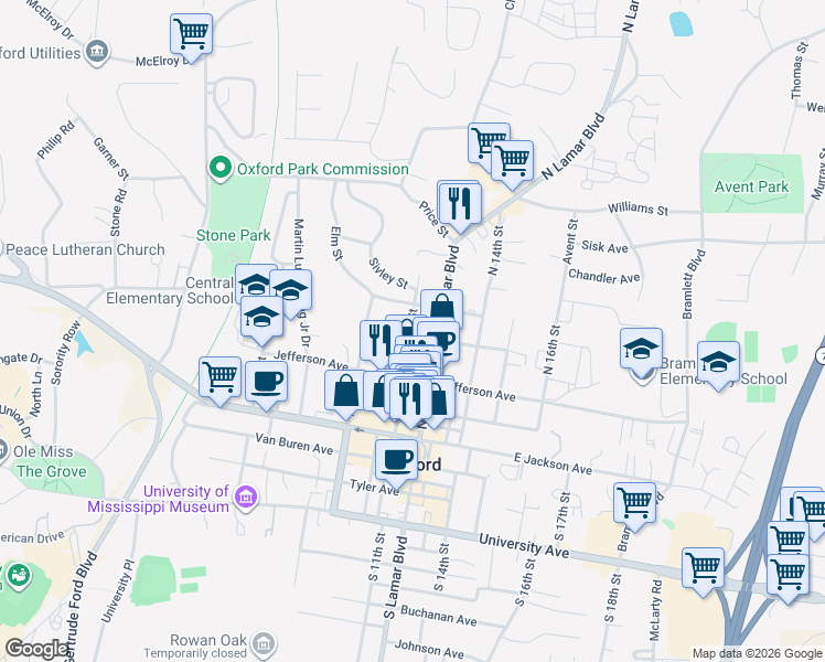 map of restaurants, bars, coffee shops, grocery stores, and more near 532 North 11th Street in Oxford