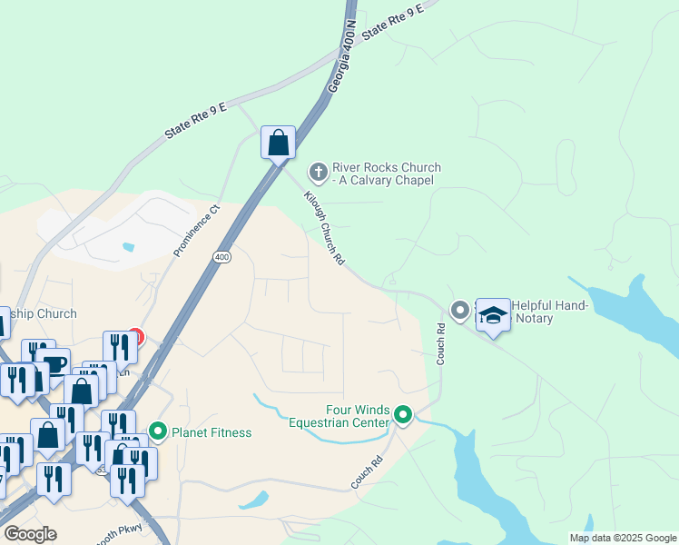 map of restaurants, bars, coffee shops, grocery stores, and more near 524 Kilough Church Road in Dawsonville