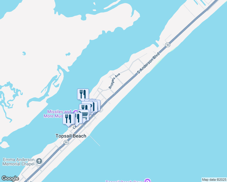map of restaurants, bars, coffee shops, grocery stores, and more near 410 Bridgers Avenue in Surf City