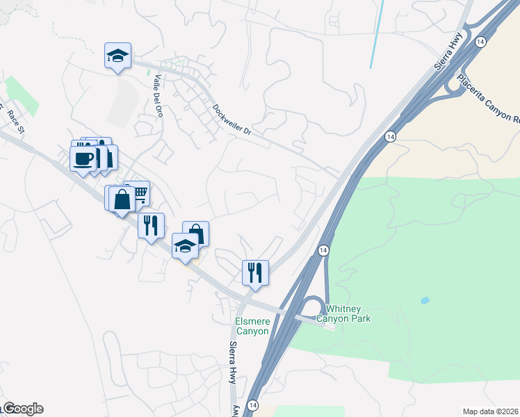 map of restaurants, bars, coffee shops, grocery stores, and more near 21012 Oakriver Lane in Santa Clarita
