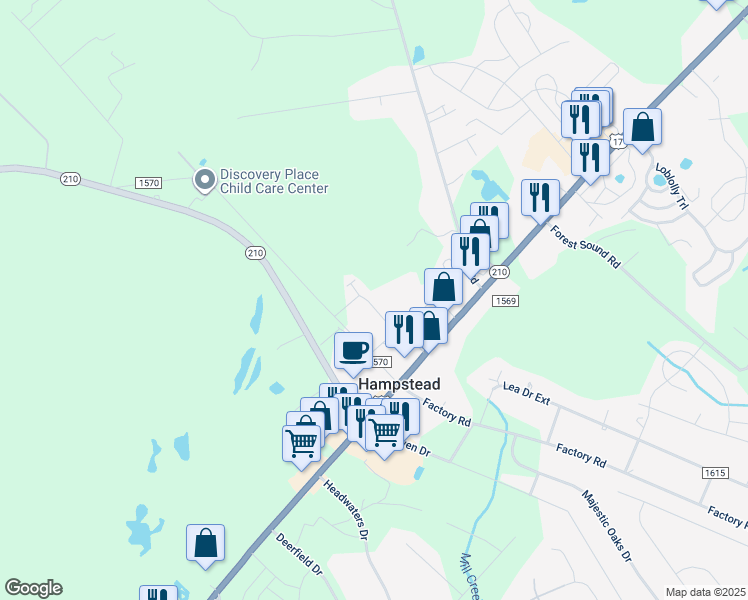 map of restaurants, bars, coffee shops, grocery stores, and more near 100 Pansy Lane in Hampstead