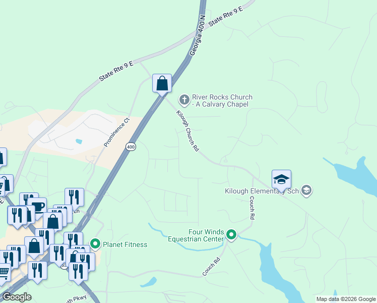 map of restaurants, bars, coffee shops, grocery stores, and more near 512 Kilough Church Road in Dawsonville
